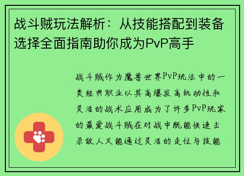 战斗贼玩法解析：从技能搭配到装备选择全面指南助你成为PvP高手