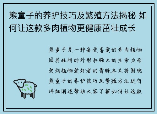 熊童子的养护技巧及繁殖方法揭秘 如何让这款多肉植物更健康茁壮成长